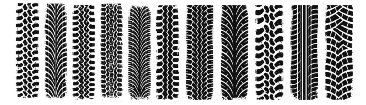 Collection of detailed vector illustration of various black tire tread patterns arranged in a clean vertical row