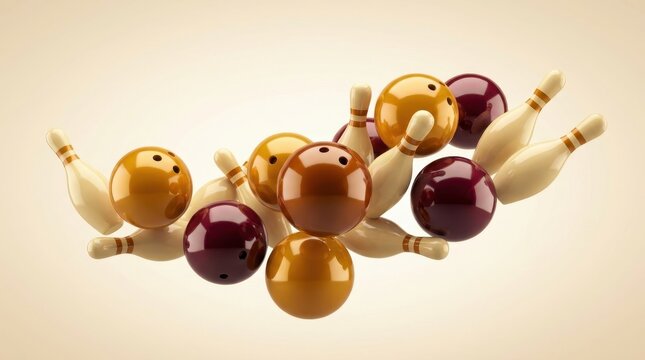 Shiny yellow and maroon bowling balls crashing into wooden pins with high gloss finish rendered on transparent background