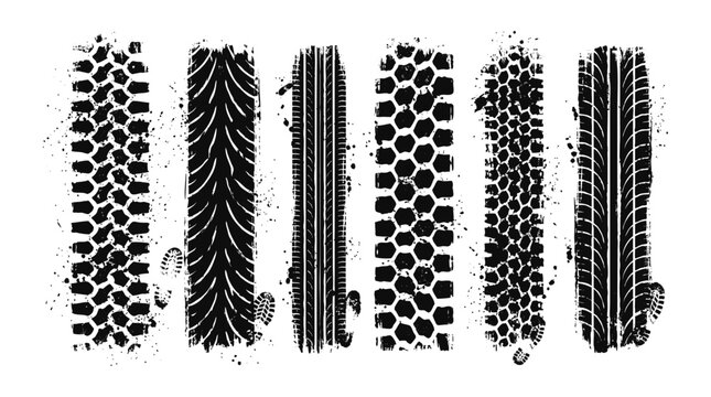Collection various black tire tread pattern vector illustration set of various grunge tire tread marks on a white background