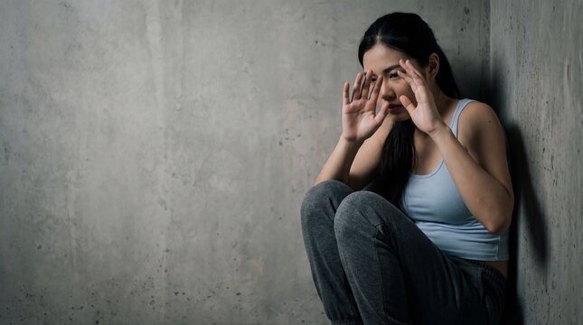 A young woman sitting in a corner feeling depressed and anxious in a dark concrete room