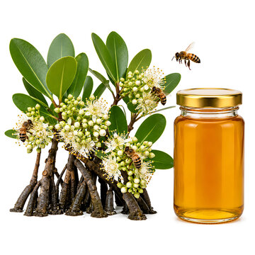 Glass jar of manuka honey with bees and flowering manuka bush, white background