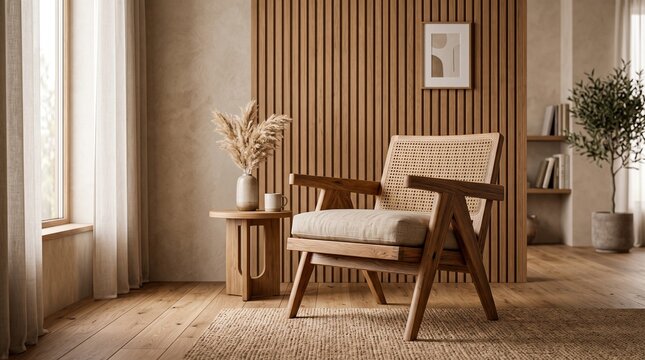 modern room interior preview beige palette wooden chair paneling minimalist setup
