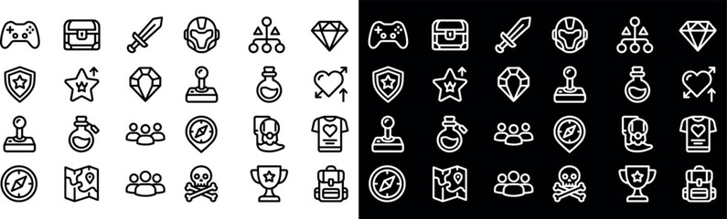Comprehensive collection of linear gaming interface icons featuring elements like controllers, swords, treasure chests, potions, and achievements in both black and white color scheme variations. © RAC.Design-Magic