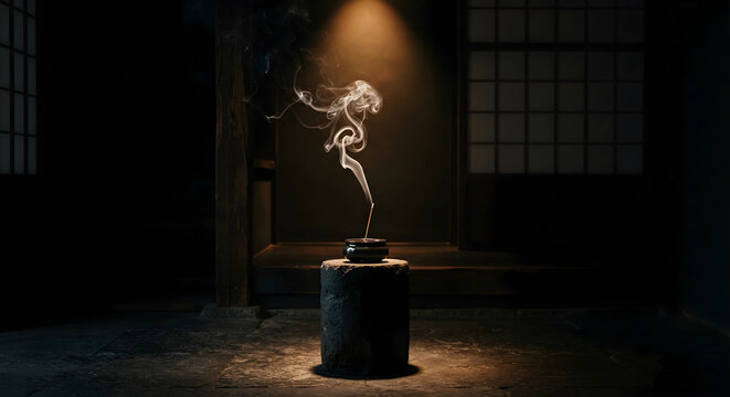 Incense Stick Burning in Dark Japanese Room with Smoke, Zen Meditation Atmosphere