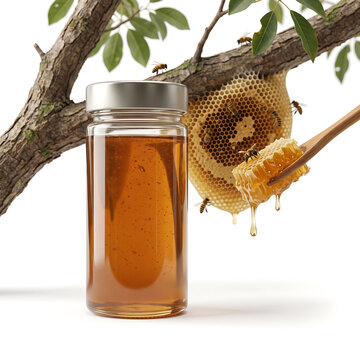 Natural honeycomb and honey jar with bees on tree branch honeycomb beekeeping