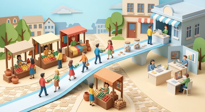 Paper Craft Market Bridge Showing Inclusive Finance Ecosystem