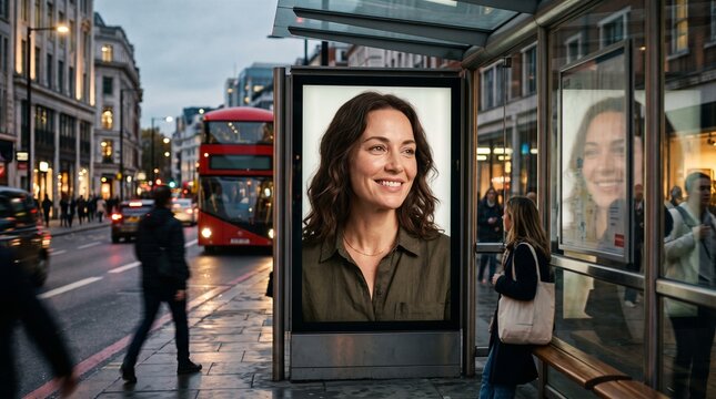 urban advertisement billboard bus stop stand city street marketing display
