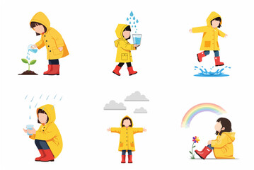 Fototapeta premium Vector illustration set of a little girl in a yellow raincoat and red boots playing in the rain, jumping in puddles, and enjoying the outdoors.