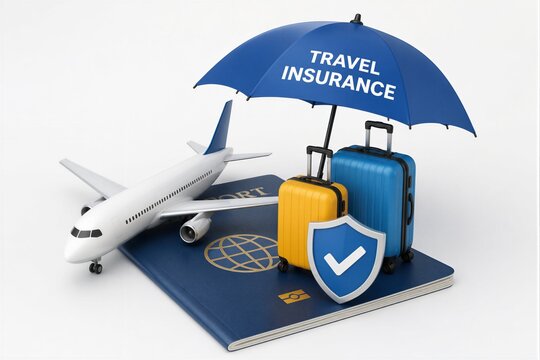 A model airplane sits next to a blue umbrella labeled travel insurance. Two suitcases rest on a passport. This scene relates to travel preparation and safety.