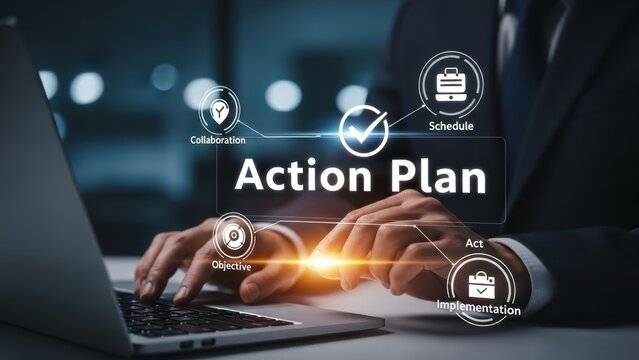 Businessman typing on laptop with action plan infographic planning strategy