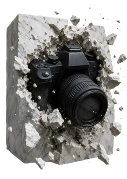 Camera breaking through stone block releasing creativity