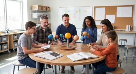 Fototapeta premium Mentor Led Science Circle With Mixed Age Learners In Innovation Lab
