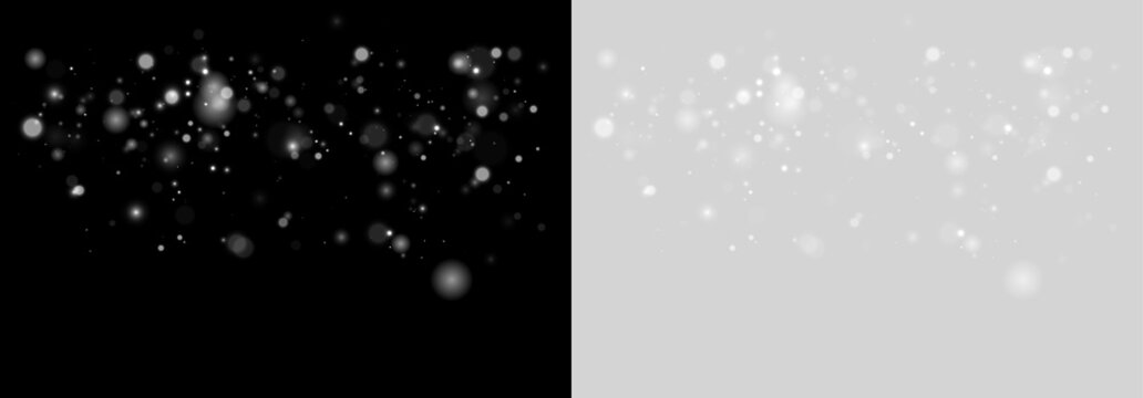 Soft white glitter dust shines with elegant light bursts and shimmering particles. Modern festive overlay isolated on transparent. PNG graphic.