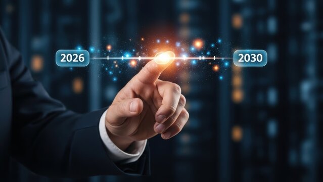 Hand touching digital timeline between 2026 and 2030 with glowing lights future technology
