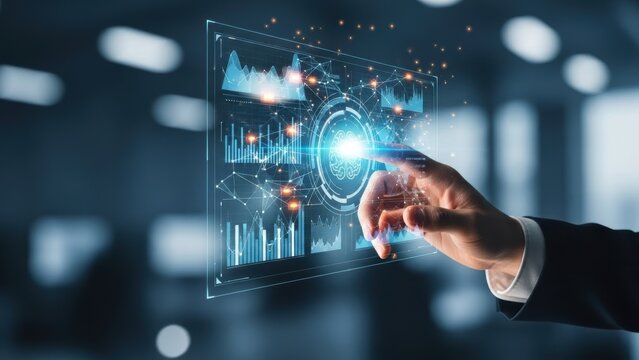 Hand touching futuristic digital interface with brain and data charts technology