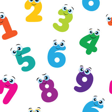 Colorful smiling cartoon numbers seamless pattern on white background. Cute educational math wallpaper for kids, preschool learning, nursery design, classroom decoration, wrapping paper and textile.