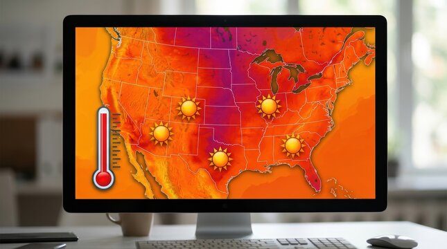 A computer monitor displaying a stylized weather forecast map of the United States highlighting an extreme heatwave, with warm color gradients, sun symbols, and thermometer icons illustrating.
