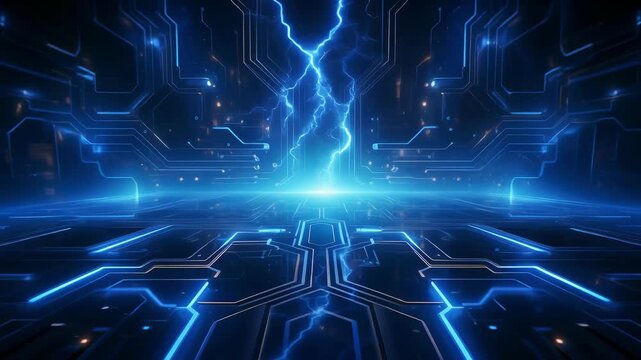 Abstract blue lightning energy field with glowing particles and grid lines during a digital storm