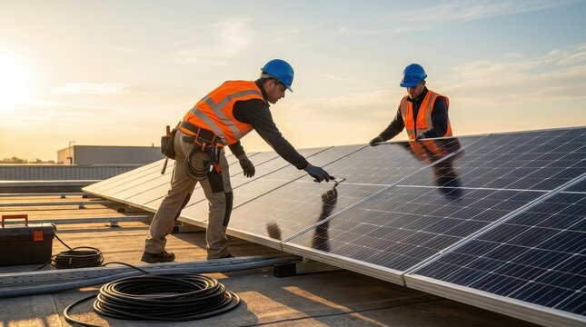 Two professional technicians in orange safety vests install high quality solar panels on a rooftop during sunset on transparent background