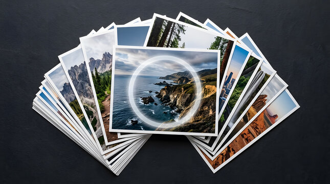 collection of nature travel photographs | fan of printed landscape pictures | stack of vacation photos on black background | scenic mountain and coastal photography prints