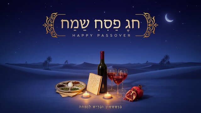 Passover Seder Table Illustration With Desert Landscape setting matzah wine
