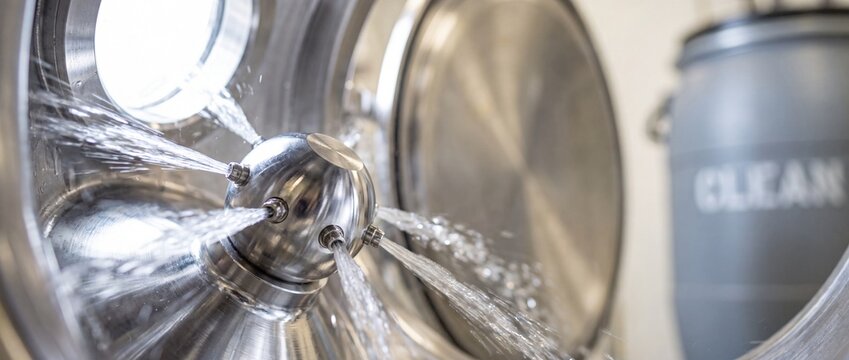 Industrial cleaning spray ball stainless steel tank washing system CIP machine spraying water for sanitation in food brewery pharmaceutical production factory close up high tech automatic hygiene proc