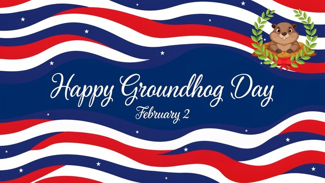 Groundhog Day Illustration With Wavy Stripes And Laurel Wreath woodchuck