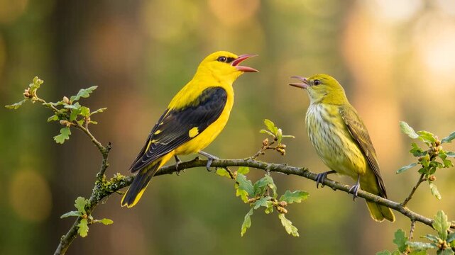 two golden orioles close up in european woodland morning light video