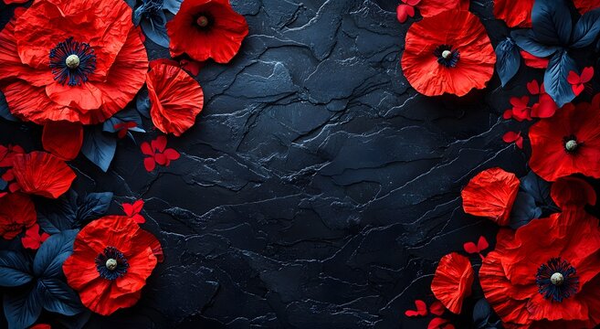 Patriotic remembrance design showcasing vibrant poppy blossoms on black picture