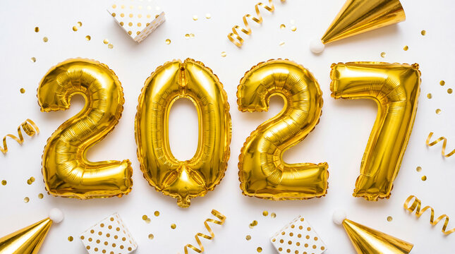 Golden 2027 foil balloons with party decorations on white festive background
