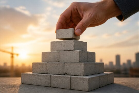 A hand places a concrete block on a small pyramid structure during sunset. The skyline is visible with cranes in the background and warm colors in the sky.