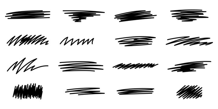 Black scribble marker set with hand drawn censor strokes, messy doodle lines and rough ink scratch elements for annotation, text cover, editing, notes, markup and social media content vector art pack.