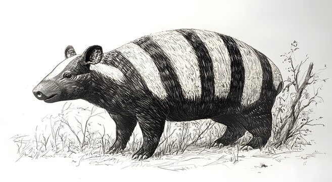 Pencil art of gentle tapir standing in grassy habitat photography