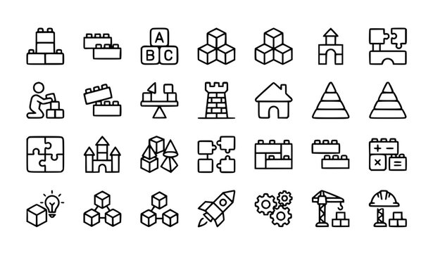 Building blocks outline icon set with toy bricks construction cubes educational play and editable stroke vector symbols