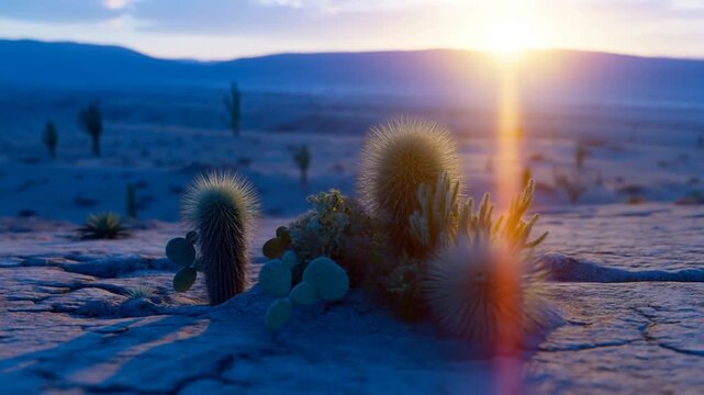 A close-up of various cacti glowing in the warm light of sunset in a serene desert landscape, perfect for nature-themed marketing and environmental promotions.