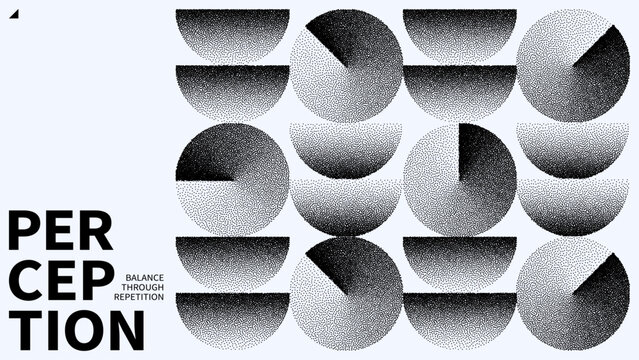 Bauhaus style vector graphic with geometric stippling pattern. Abstract composition of circle and semicircle with dot shading effect. Minimalist art concept for poster and print design.