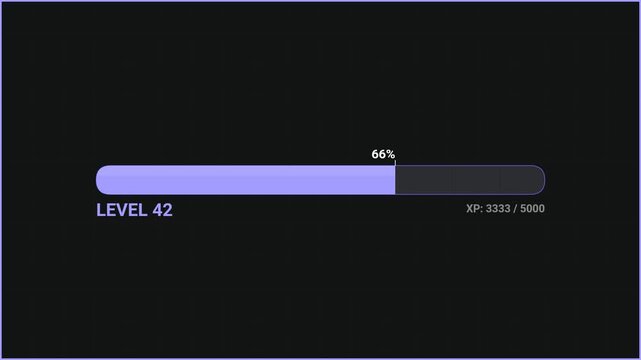 Minimalist Purple Gaming XP Progress Bar Animation Showing Level Up and Experience Points on Dark Background