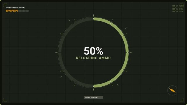 Futuristic Sci Fi Military HUD Interface with Circular Progress Bar Loading Percentage and Reloading Ammo Text on Dark Background