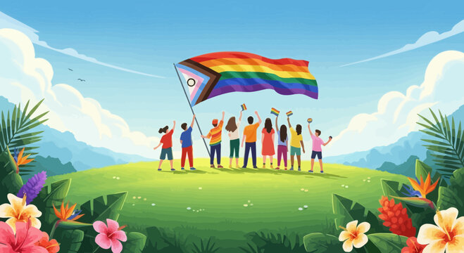 Diverse group of people holding a progress pride flag in a sunny landscape