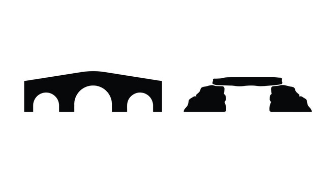 Stonehenge and megalithic tomb silhouettes against a white background silhouette stone circle prehistoric monument archeological