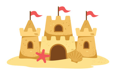 Classic sand castle on the beach with red flags seashells and starfish sandcastle vacation starfish seashell childhood seashore summerhouse © VectorVibe Studio