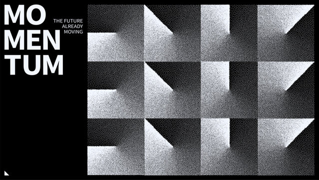 Bauhaus poster with geometric triangle pattern created using stippling technique. Abstract monochrome grid background with dot art style. Minimalist typography for graphic art design.