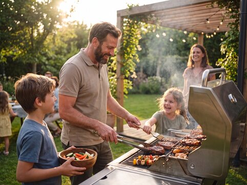 Father grilling barbecue while family enjoys outdoor weekend gathering