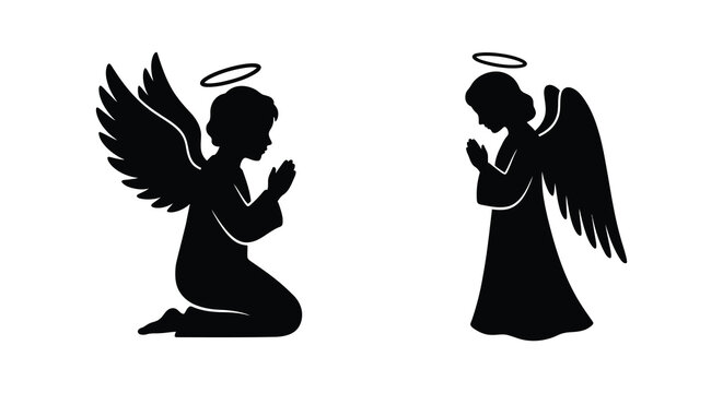 Praying angel figures with halos and wings black silhouette angels cherub cherubs divine heavenly religious