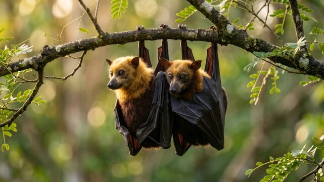 two golden crowned flying foxes close up in mindanao philippines rainforest morning light video