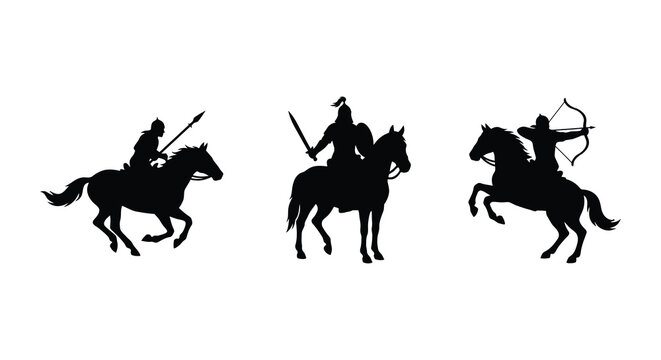 Mounted warriors on horseback in a black silhouette against a white background silhouette equestrian horsemen