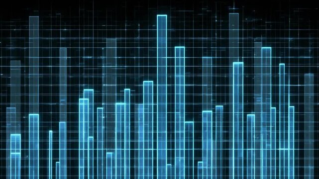 Digital blue bar graph data visualization with subtle grid background and cinematic motion