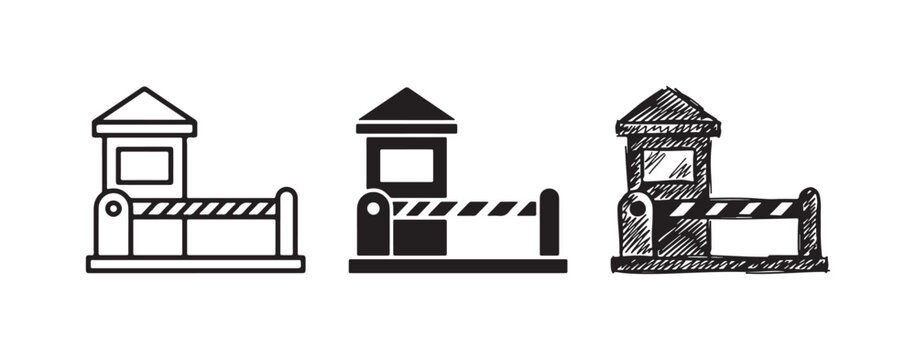 Road barrier and guard house entry point icon set