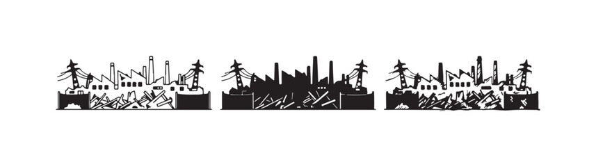 Obraz premium Set of three icons: industrial complex skyline with power lines and environmental pollution/rubble, depicted in outline, solid black silhouette, and hand-drawn sketch styles.