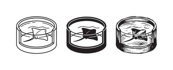 Set of three vector illustrations depicting a ray fish swimming in a glass or bowl, shown in outline, solid black, and detailed sketch styles. © Ірина Гринюк